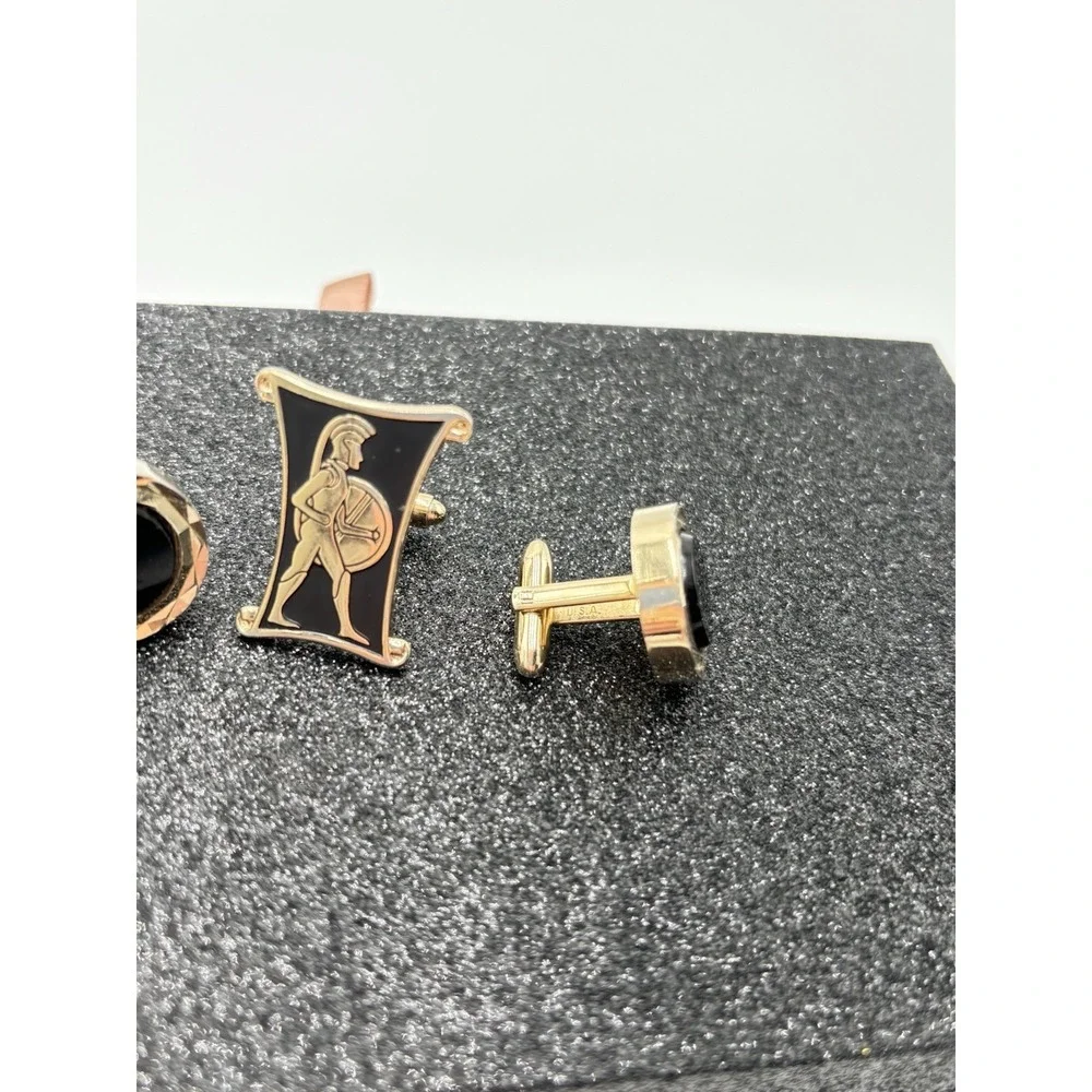 Vintage Hickok Swank Cufflinks Tie Bar Set Gold Tone Black Enamel Roman‎ Warrior